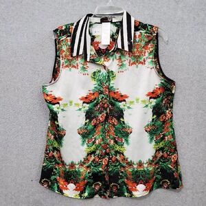 Mark Women Top 2XL White Green Floral Striped Blouse Sleeveless Button Up Collar